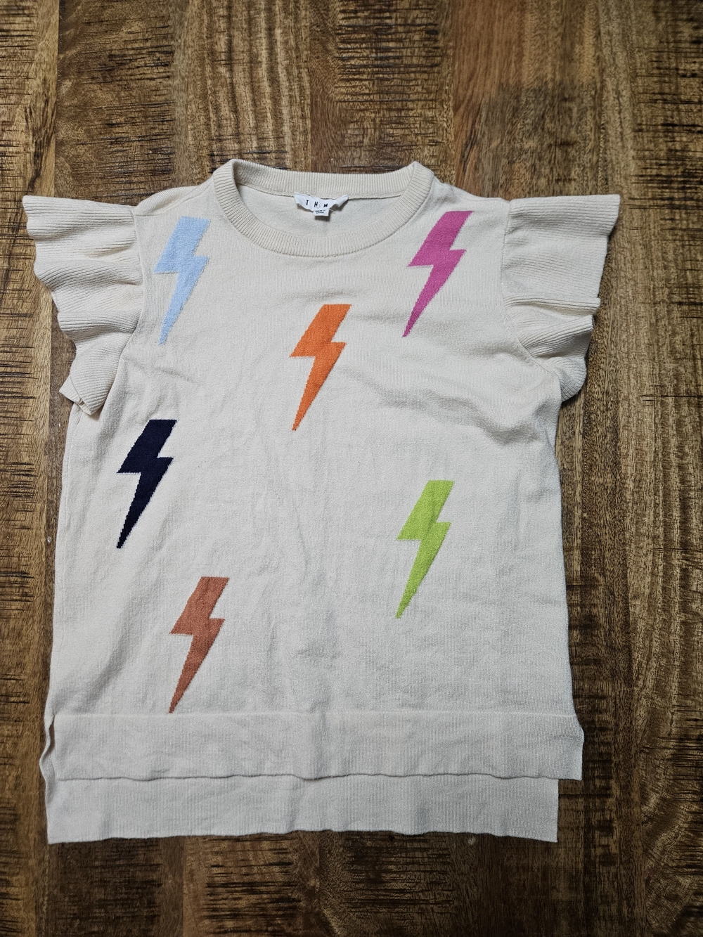 THML Cream Crewneck Sweater with Multi-Color Lightning Bolts